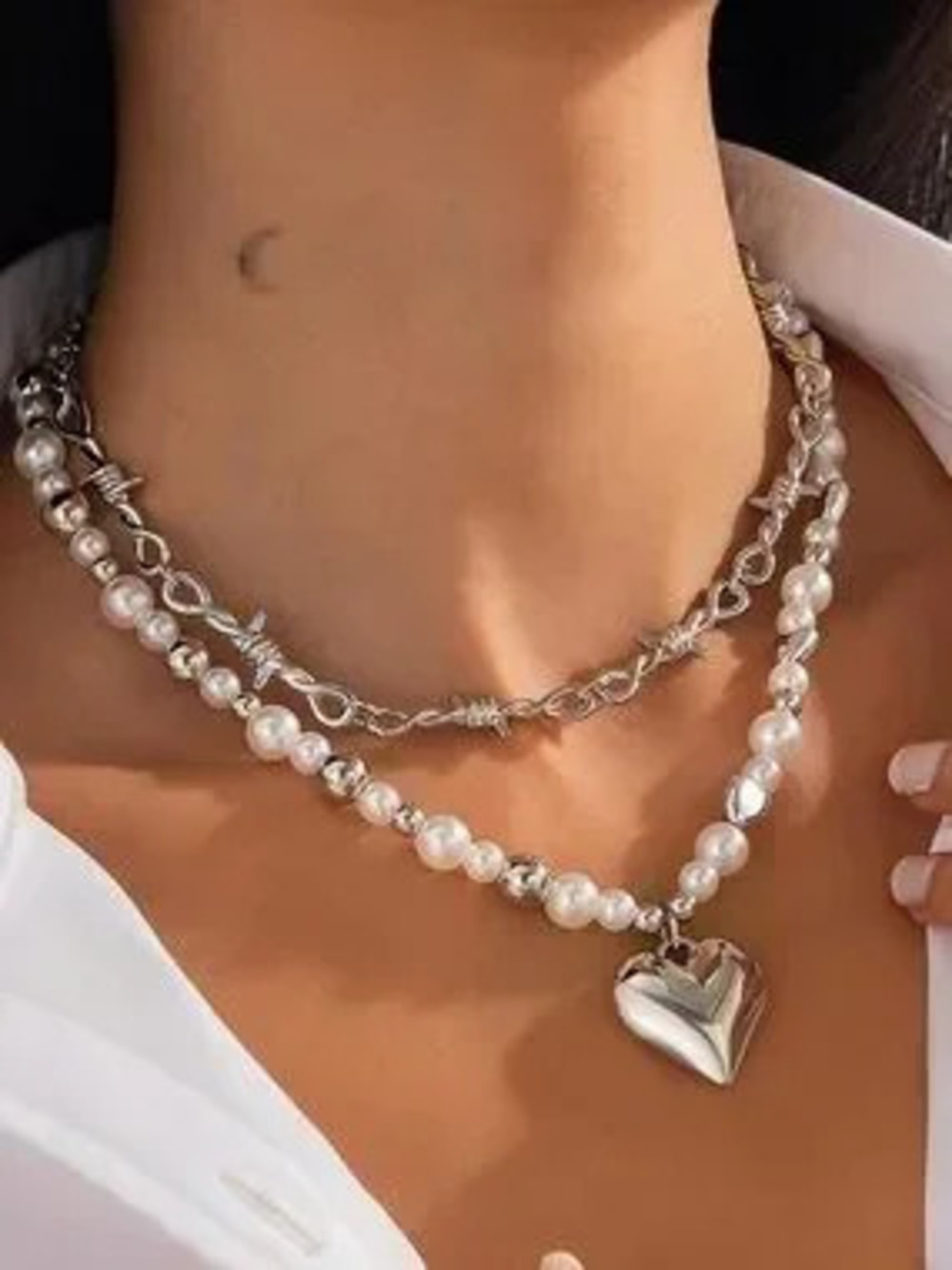 Anthropologie Silver and White Color Pearl Necklace with Heart Pendant
